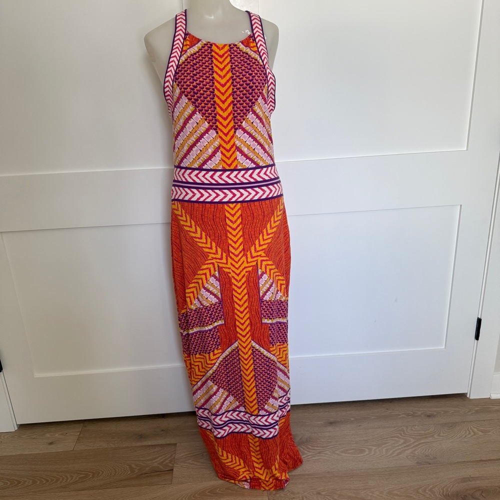 Hale‎ Bob X Back Multi Color Pink Yellow Maxi Dress Size L Resort Cruise Miami